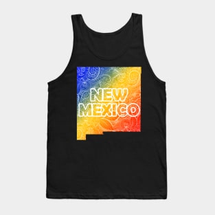 Colorful mandala art map of New Mexico with text in blue, yellow, and red Tank Top